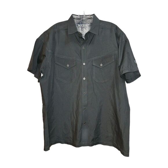 Men's Kuhl Short Sleeve Shirt Size L Button Down Pockets Dark Gray Polyester - Picture 1 of 8
